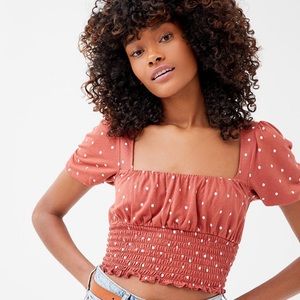 UO smocked square neck burnt orange crop blouse